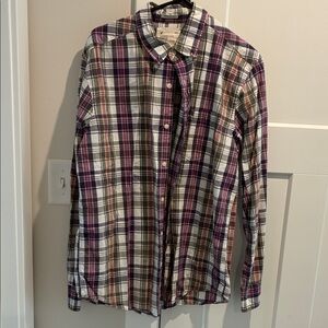 American Eagle Men's Plaid Button-Down Shirt in White, Purple & Green